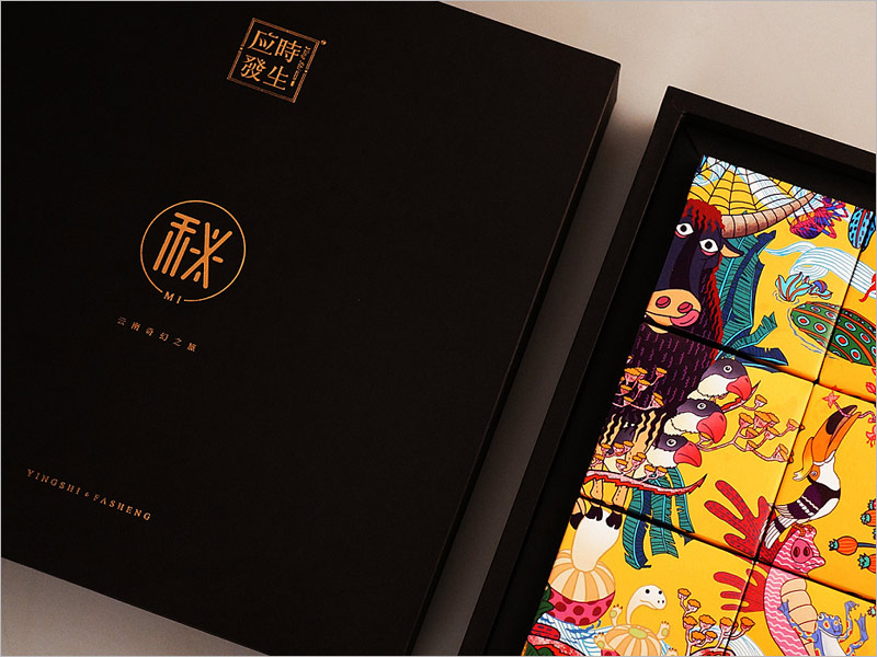 云南奇幻之旅月饼礼盒包装设计，多彩的颜色，灵活多变的形象，设计风格很云南