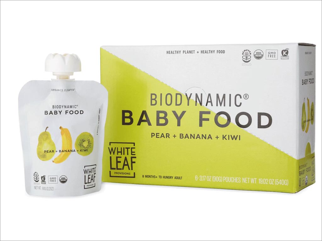 White Leaf Provisions水彩插图风格的婴童食品包装盒包装袋设计