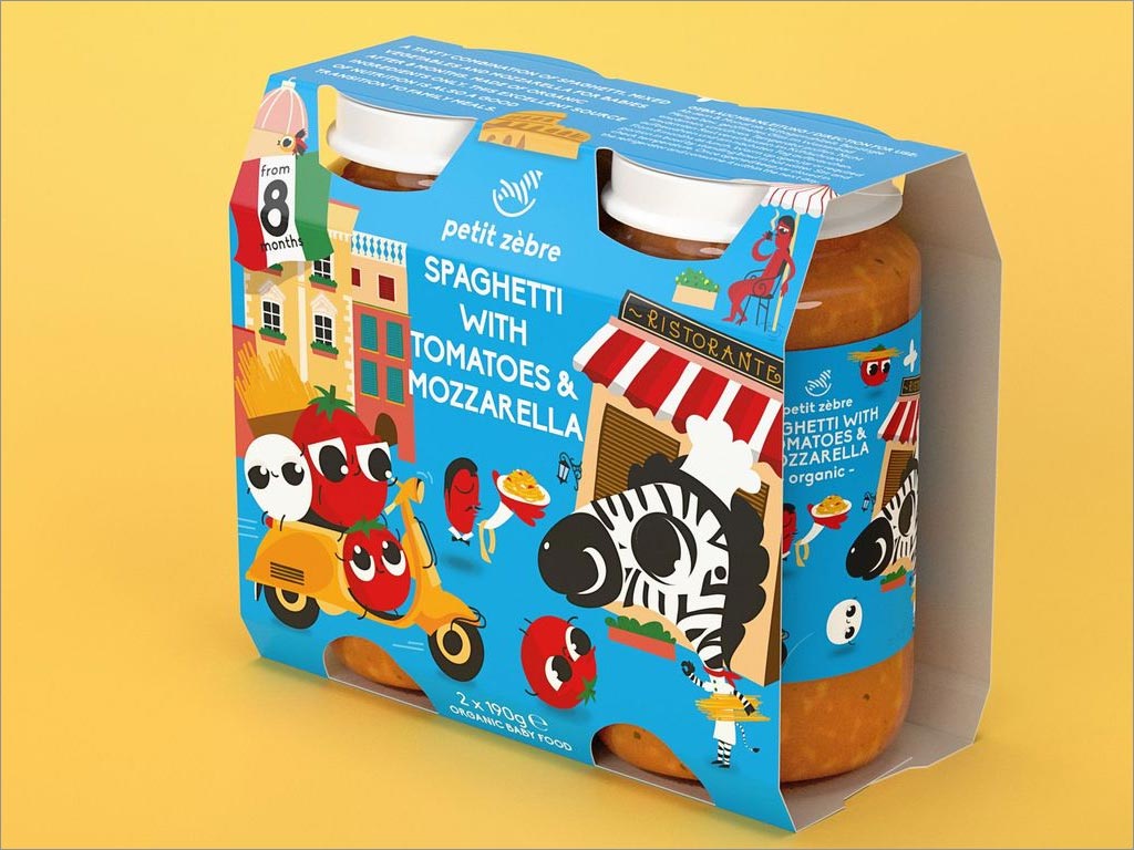 瑞士PetitZèbre婴儿营养食品包装设计之意大利面条配番茄马苏里拉奶酪