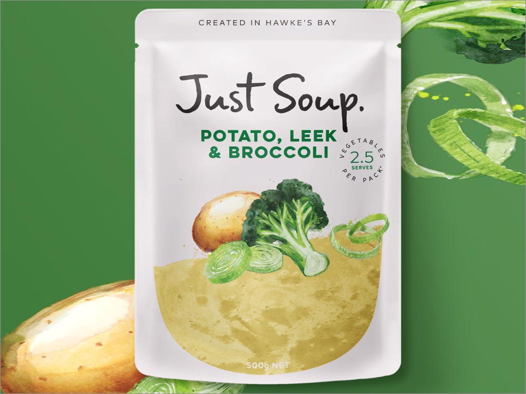 采用水彩插图的Just Soup土豆西蓝花果蔬养生汤包装设计
