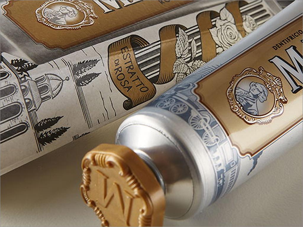 复古风格的意大利Marvis肉桂薄荷牙膏包装设计之局部细节特写