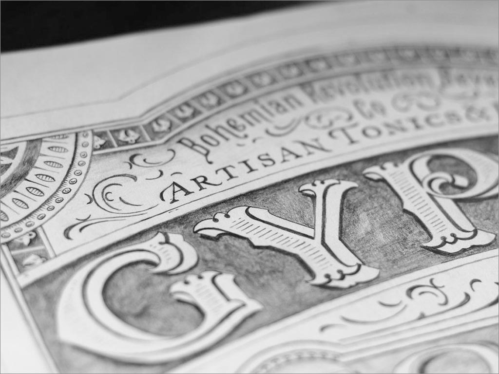 1800年代复古风格的吉普赛保健补品包装设计过程之标签设计草稿局部展示