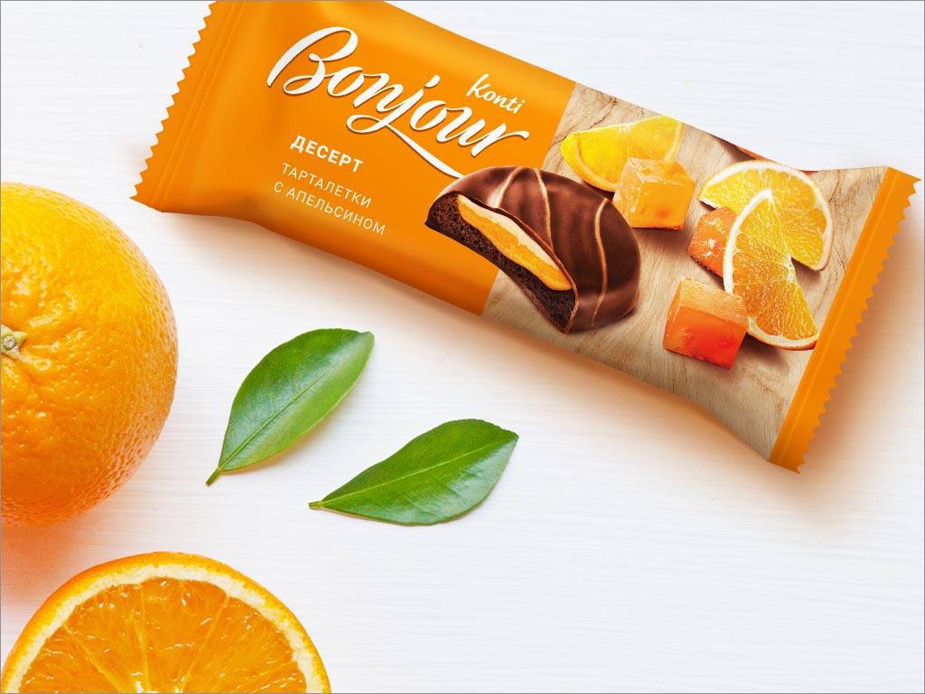 俄罗斯Bonjou橙子味甜点食品包装袋设计