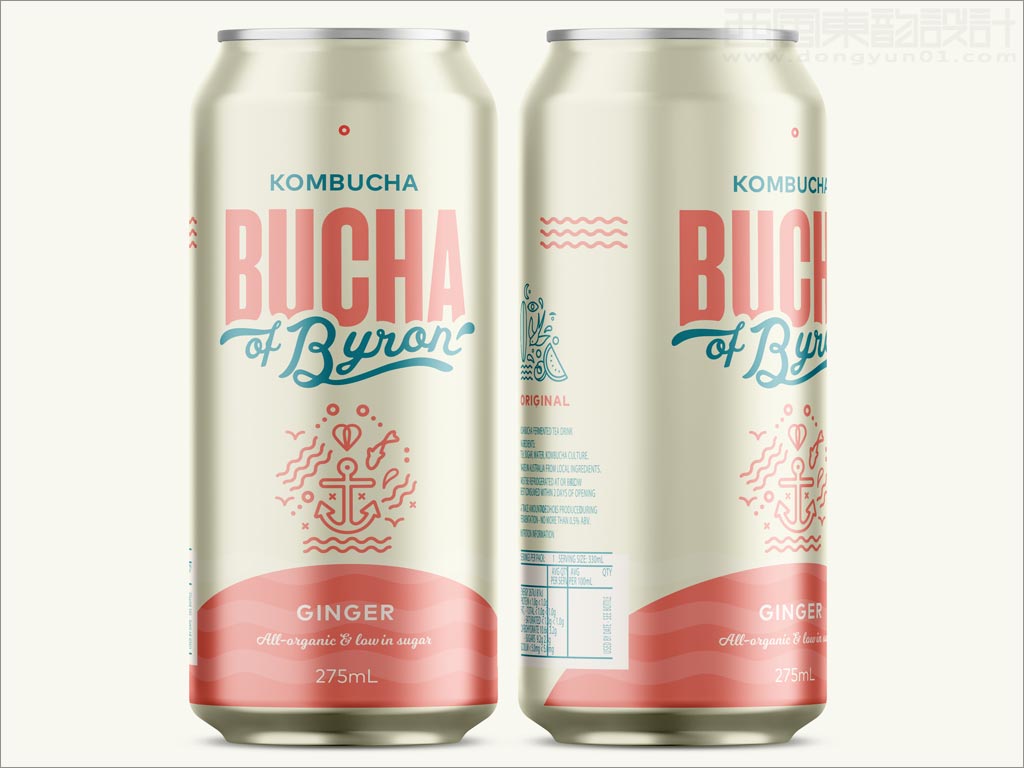 澳大利亚Bucha红茶菌康普茶饮料包装设计之易拉罐正面和背面展示