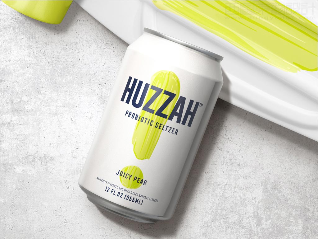 美国HUZZAH雪梨味功能性益生菌苏打水饮料包装设计