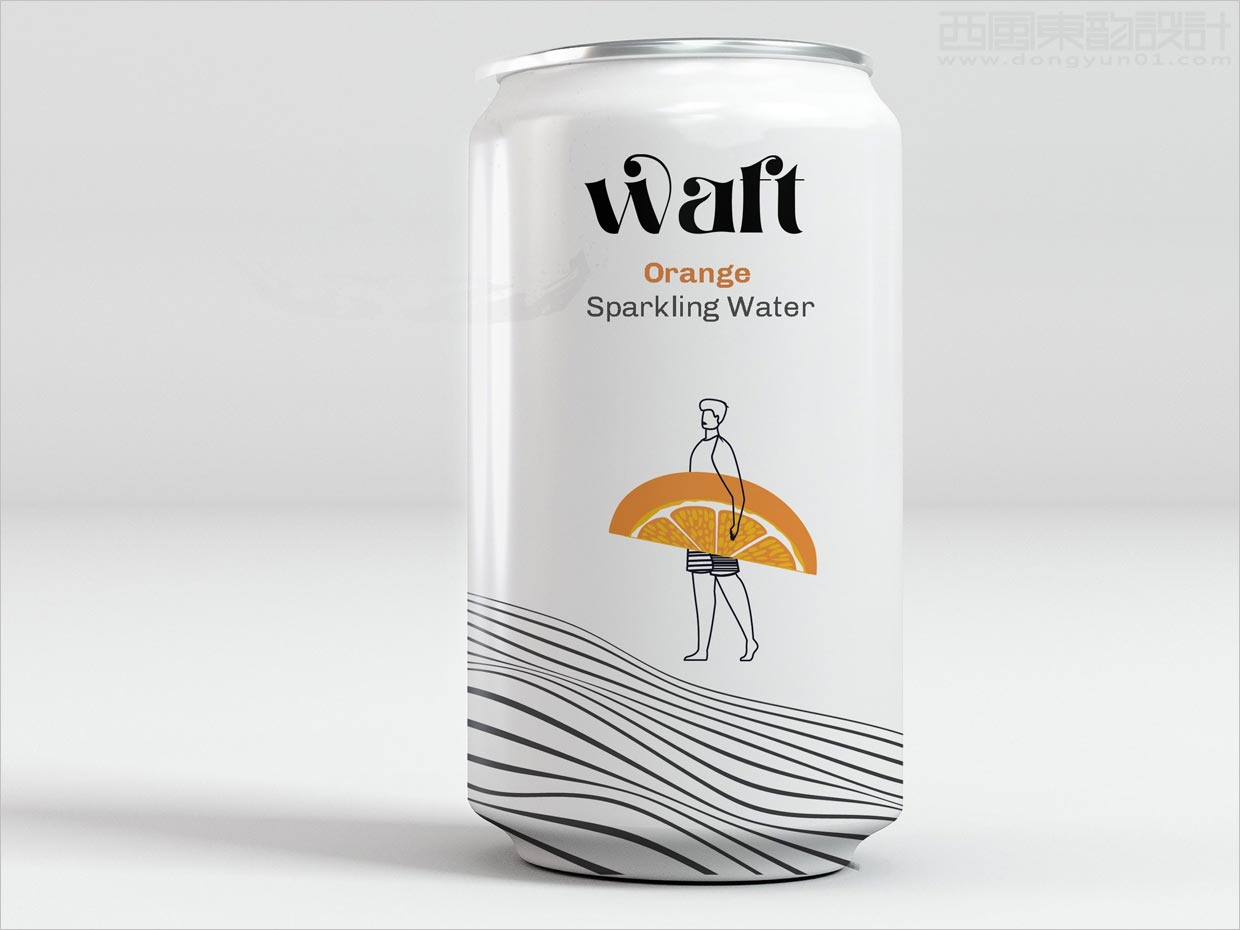 俏皮插图风格的美国waft橙子风味气泡苏打水包装设计