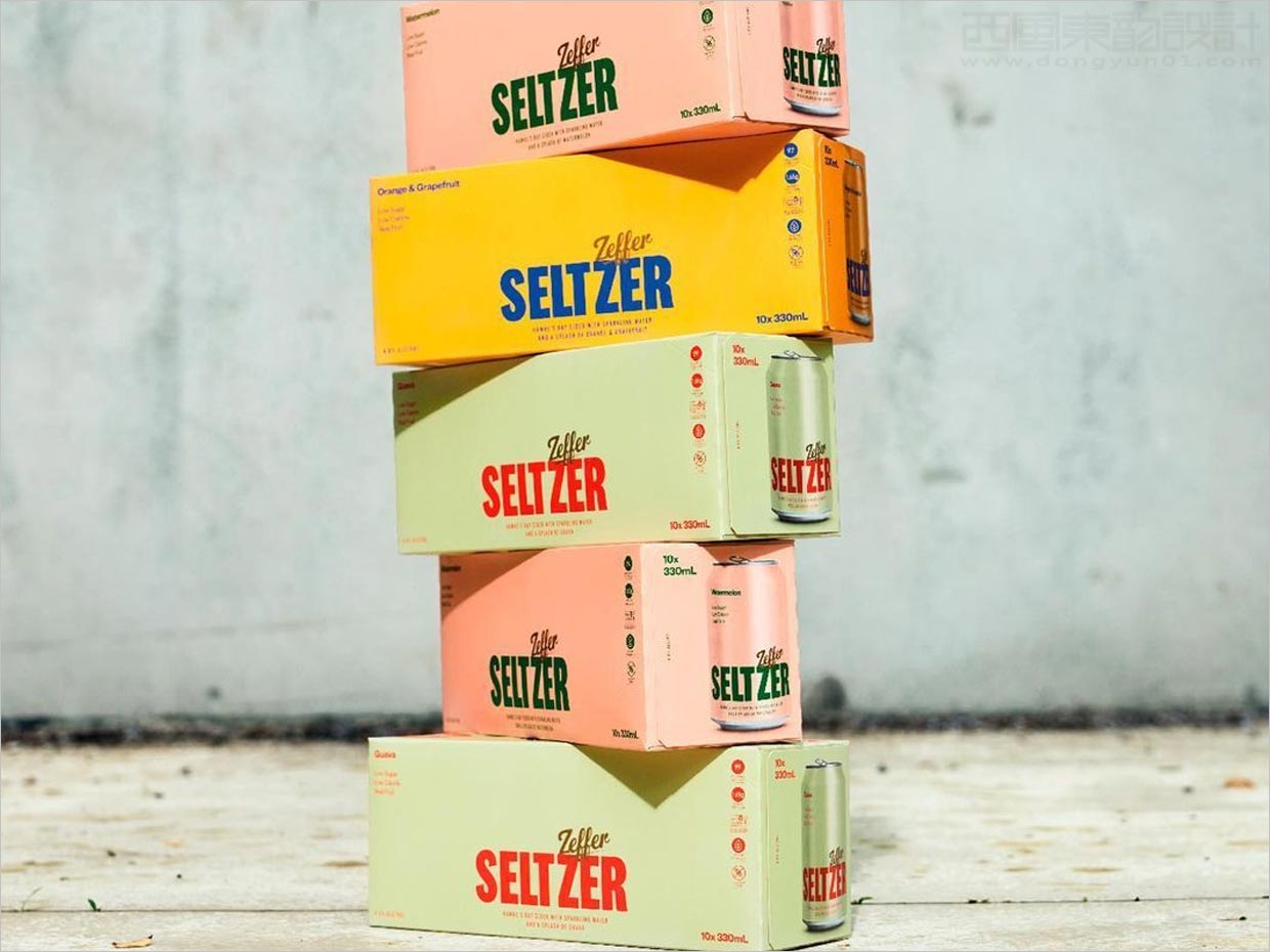 采用醒目品牌字体设计的新西兰Zeffer苹果酒苏打水饮料外箱包装设计