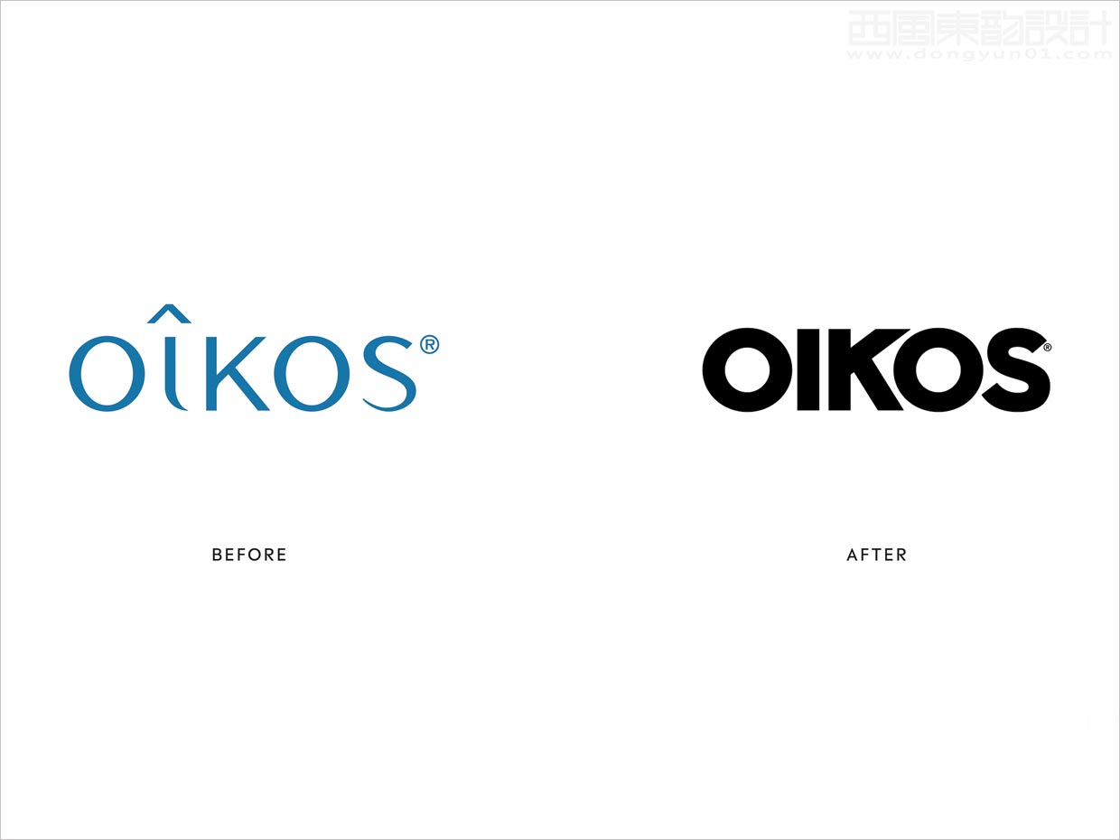 希腊Oikos水果酸奶品牌logo设计之新旧logo设计对比